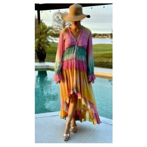 Rococo Sand Zale Metallic Pastel High-Low Maxi Dress $498 NWT Size L - Picture 3 of 9